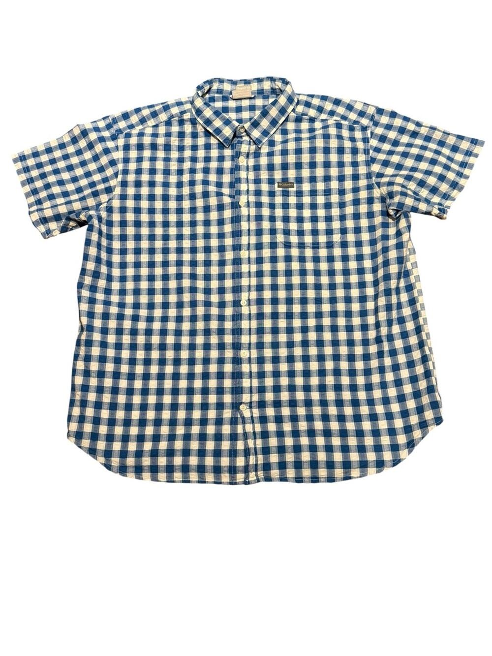 Columbia Mens XXL Blue and White Check Seersucker Short-Sleeve Button-Up Shirt